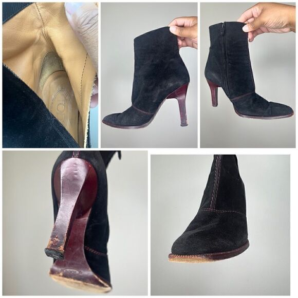 Tod’s Women’s Black/Red Contrast Stitching Suede Ankle Booties Size 8 - Picture 14 of 15